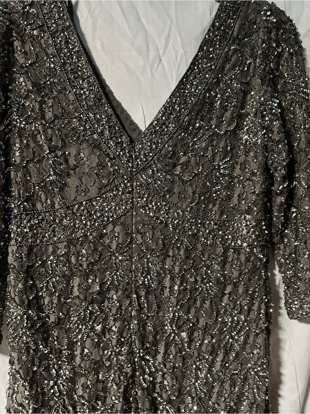 Pisarro Nights Beaded V-Neck Evening Dress in Charcoal